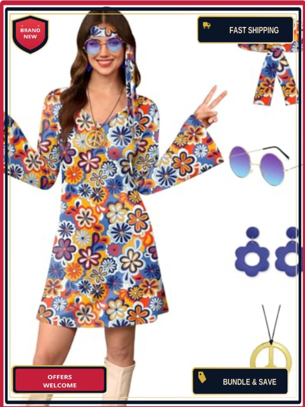 70s Hippie Costume Set Dress Headband Necklace Earrings Sunglasses